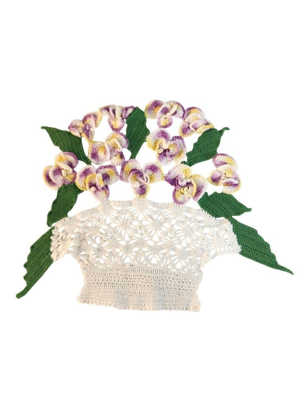 Handcrafted Crochet Floral Wall Décor Vase With Purple & Yellow Flowers And Gree